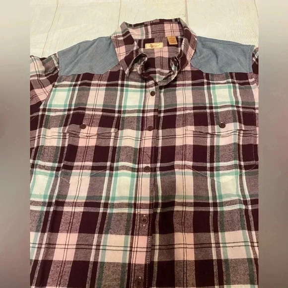 Northcrest Maroon Plaid Flannel Button-up Shirt Hi-Low Hem Front Pockets Size 1X - Picture 4 of 10